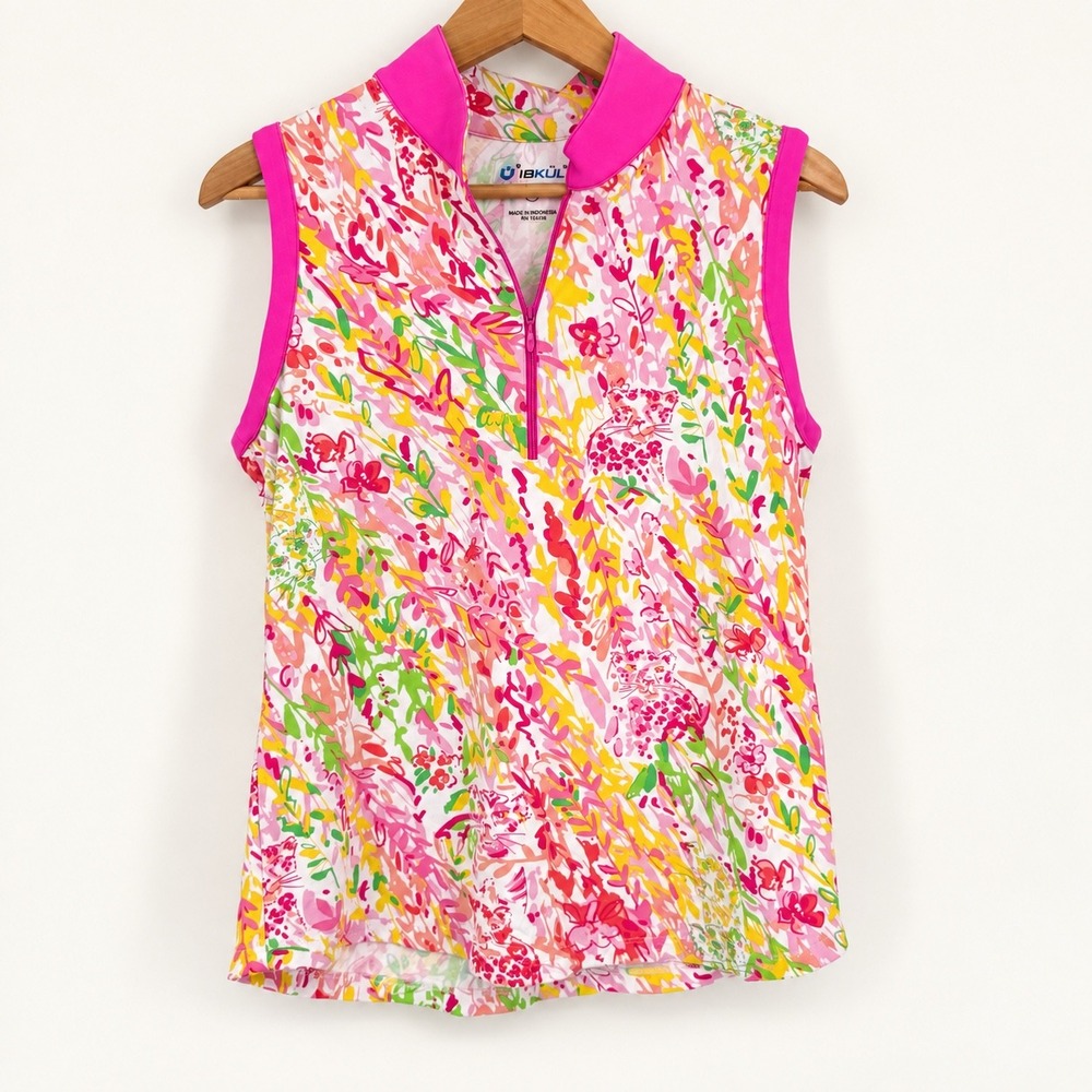 IBKUL Womens Medium Cat Cay Pink Shirt Floral Sleeveless UPF 50 Quarter Zip Golf